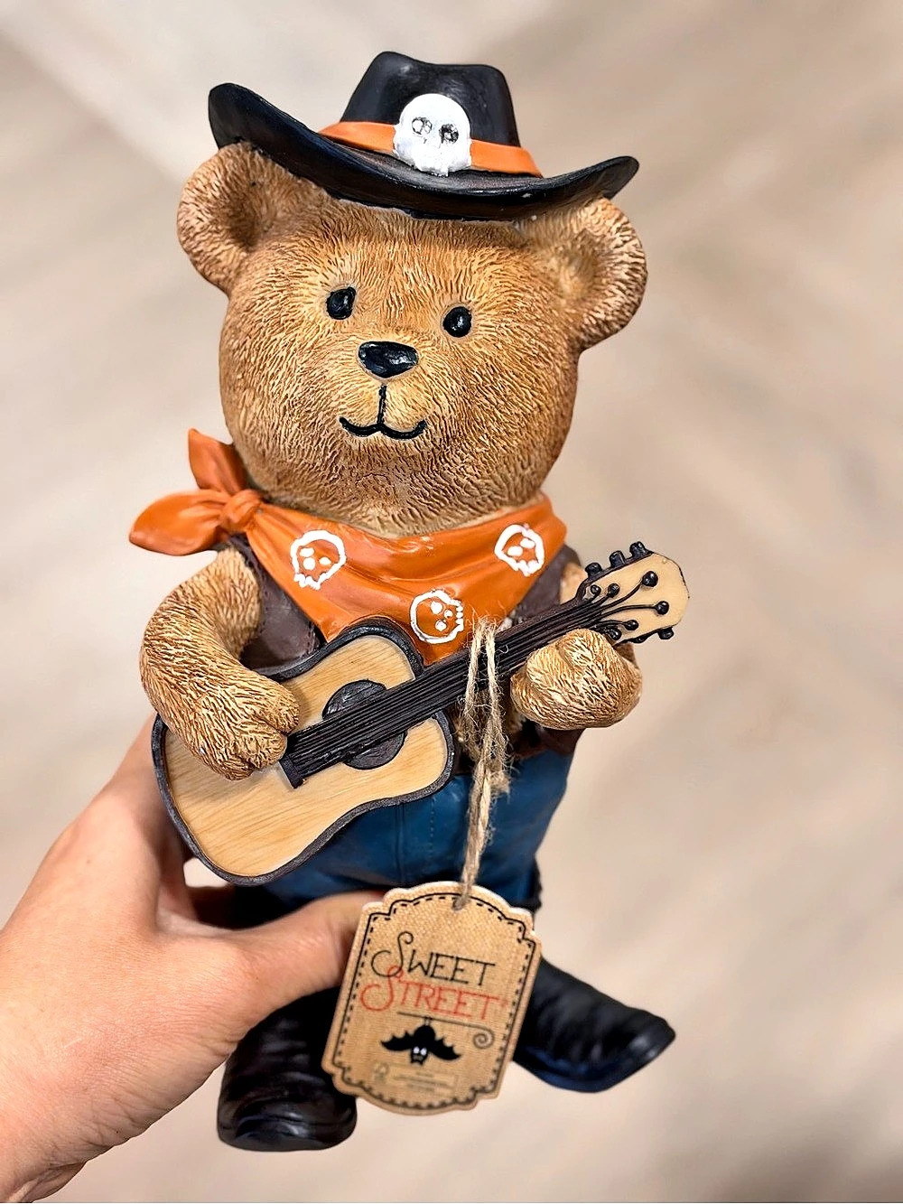 Cowboy Bear Figurine with Guitar, Brown & Black